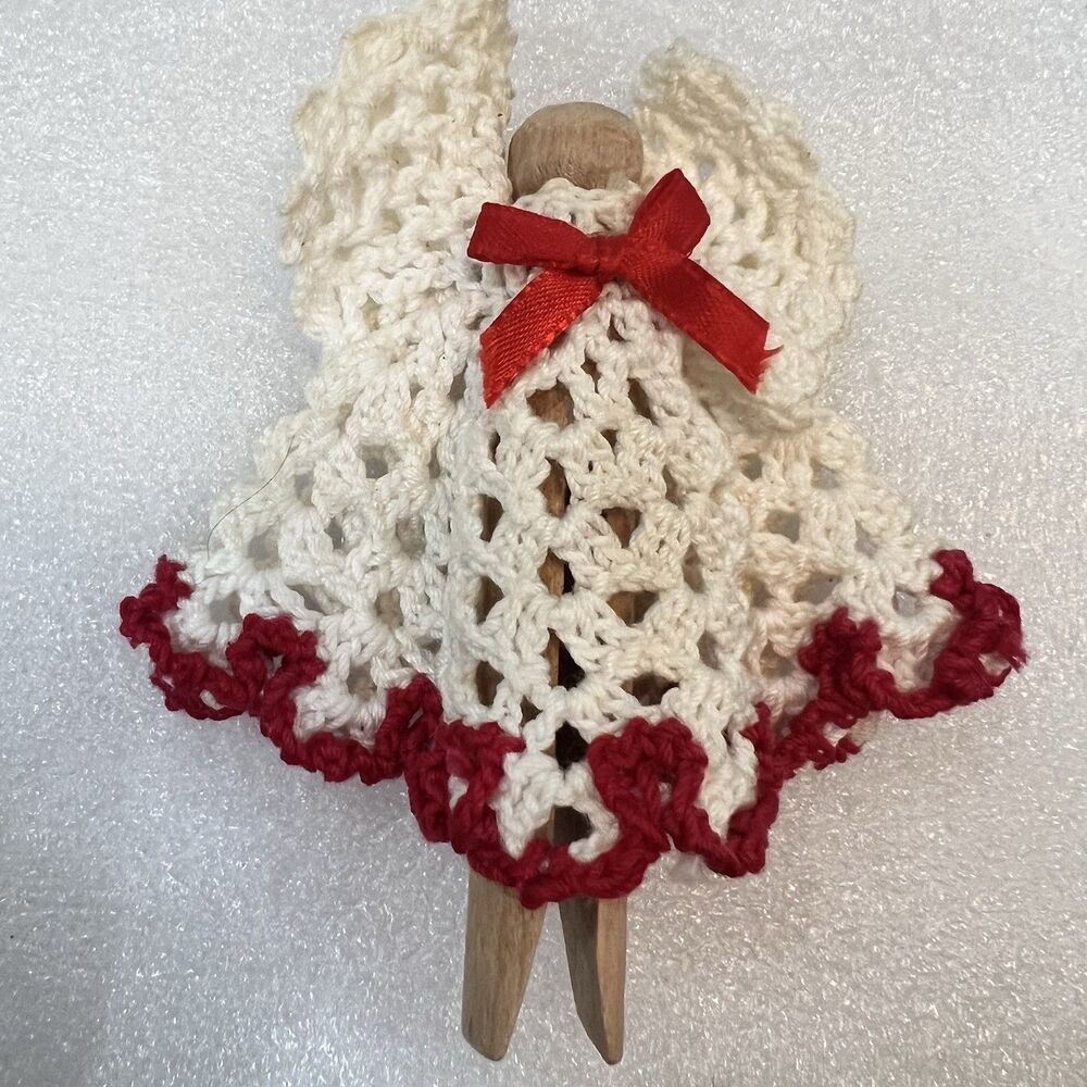 Vintage Clothespin Angel Ornament Handmade Crochet Lace Christmas White Red 3"
